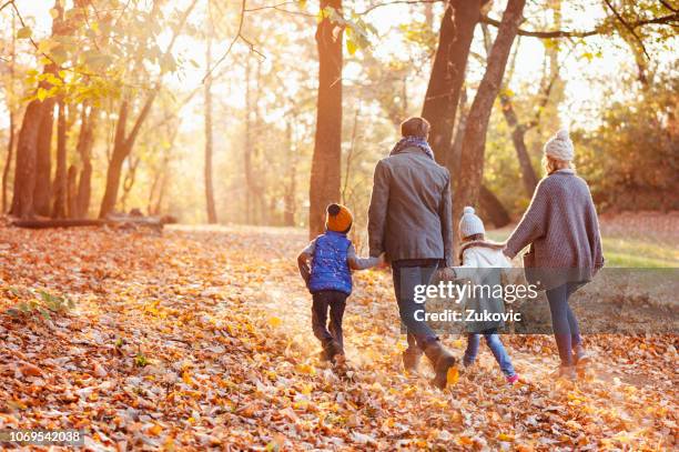 familie genießen wunderschönen herbsttag im park - family walking stock-fotos und bilder