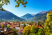 Merano or Meran view from Tappeiner promenade. Trentino Alto Adige Sud Tyrol, Italy.
