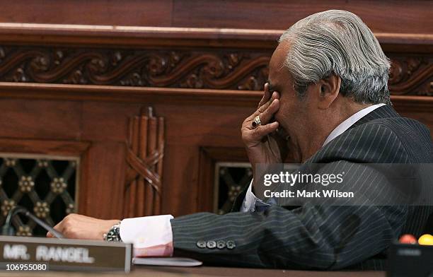 Rep. Charlie Rangel reacts during a House Committee on Standards of Official Conduct, hearing November 18, 2010 in Washington, DC. During the hearing...