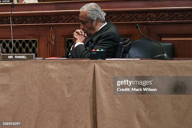 Rep. Charlie Rangel sits at the witness table during a break in a House Committee on Standards of Official Conduct hearing November 18, 2010 in...
