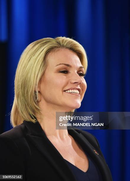 This picture taken on November 30, 2017 shows State Department Spokesperson Heather Nauert during a briefing at the State Department in Washington,...