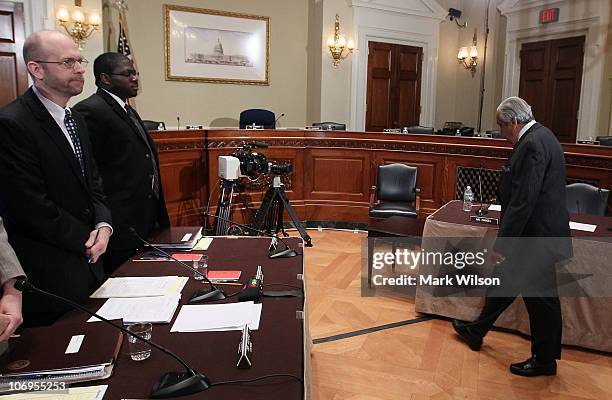 Chief House counsel Blake Chisam watches as U.S. Rep. Charlie Rangel walks into the hearing room after a break in a House Committee on Standards of...