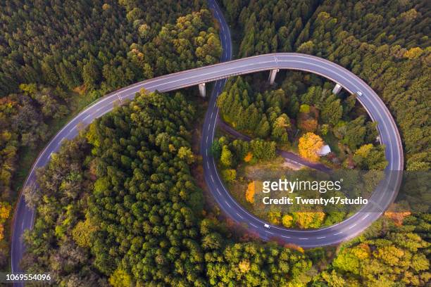 Drone view of curve road through Autumn forest on mountain