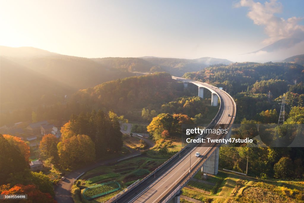 Bridge Through View Drone View Of Bridge Through Autumn Forest In Morning High-Res Stock ...