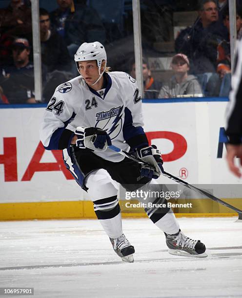 Johan Harju of the Tampa Bay Lightning skates against the New York Islanders at the Nassau Coliseum on November 17, 2010 in Uniondale, New York.