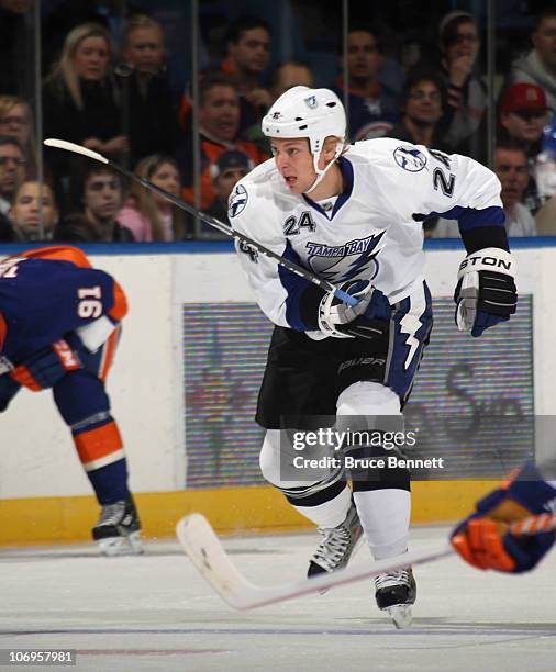 Johan Harju of the Tampa Bay Lightning skates against the New York Islanders at the Nassau Coliseum on November 17, 2010 in Uniondale, New York.