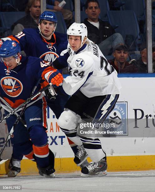 Johan Harju of the Tampa Bay Lightning skates against the New York Islanders at the Nassau Coliseum on November 17, 2010 in Uniondale, New York.