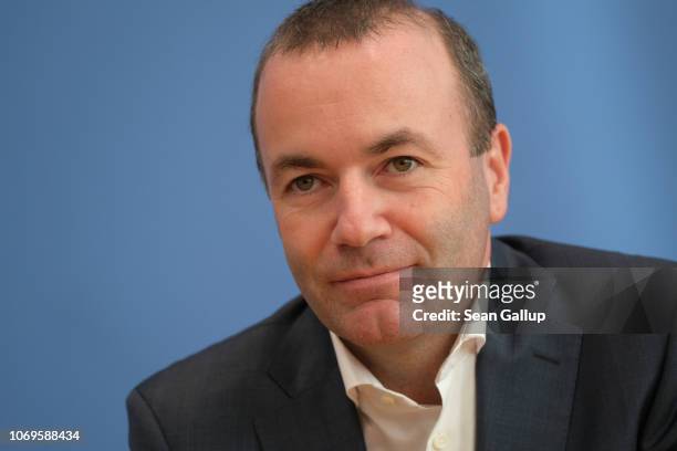 Manfred Weber, a member of the Bavarian Christian Democrats and head of the European People's Party in the European Parliament, speaks to the media...