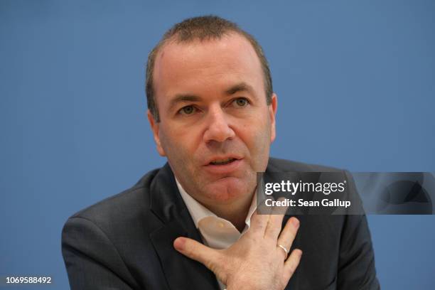 Manfred Weber, a member of the Bavarian Christian Democrats and head of the European People's Party in the European Parliament, speaks to the media...