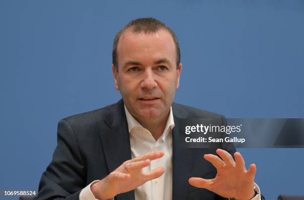 Manfred Weber, a member of the Bavarian Christian Democrats and head of the European People's Party in the European Parliament, speaks to the media...