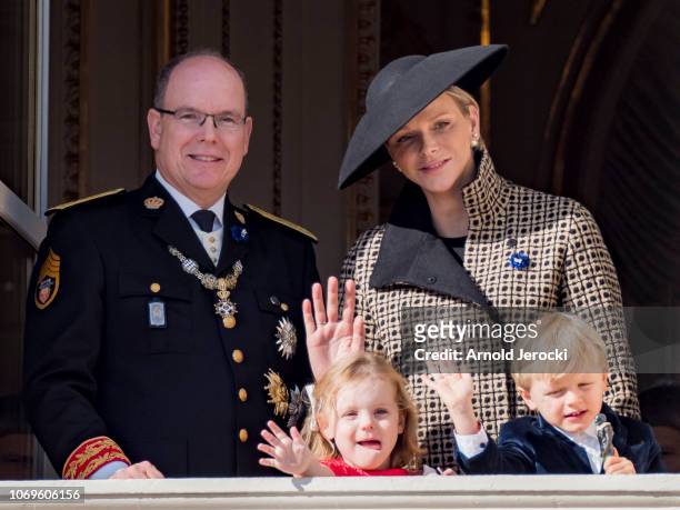 Prince Albert II of Monaco and Princess Charlene of Monaco with their children Prince Jacques of Monaco and Princess Gabriella of Monaco attend...