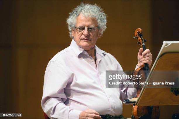 English musician Irvine Arditti founder of Arditti Quartet performs with Arditti Quartet on stage in concert for "Musica Insieme" at Manzoni Theater...
