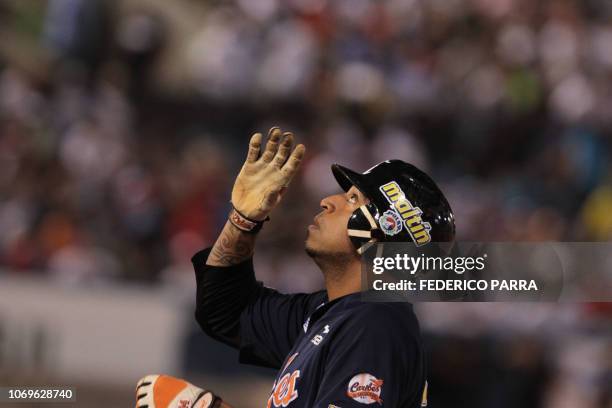 This picture taken on January 17, 2014 shows Venezuelan baseball player Jose Castillo of Caribes de Anzoategui, gesturing during a baseball game...