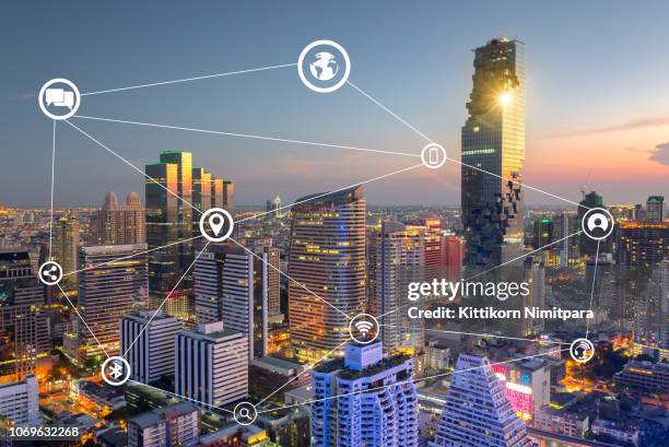 smart city and wireless communication network, business district,abstract image visual internet of thing concept - global media stock pictures, royalty-free photos & images