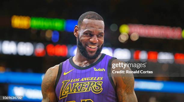 LeBron James of the Los Angeles Lakers is all smiles as San Antonio Spurs fans cheered him on at AT&T Center on December 7 , 2018 in San Antonio,...