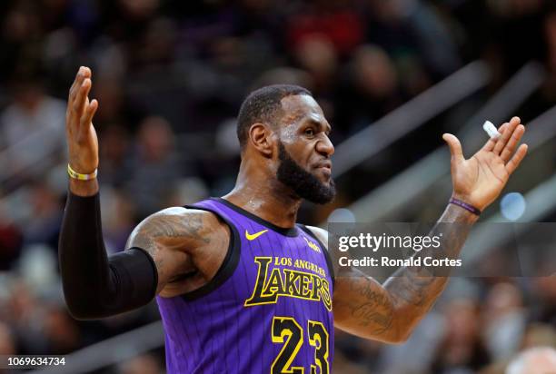 LeBron James of the Los Angeles Lakers reacts during game against the San Antonio Spurs at AT&T Center on December 7 , 2018 in San Antonio, Texas....