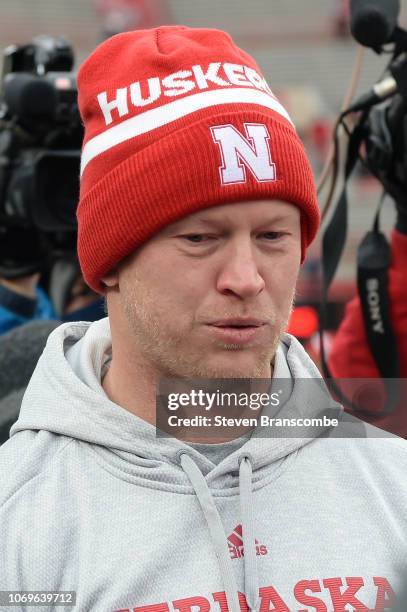 Head coach Scott Frost of the Nebraska Cornhuskers during pregame activities before the game against the Michigan State Spartans at Memorial Stadium...