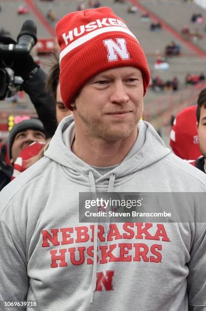 Head coach Scott Frost of the Nebraska Cornhuskers during pregame activities before the game against the Michigan State Spartans at Memorial Stadium...