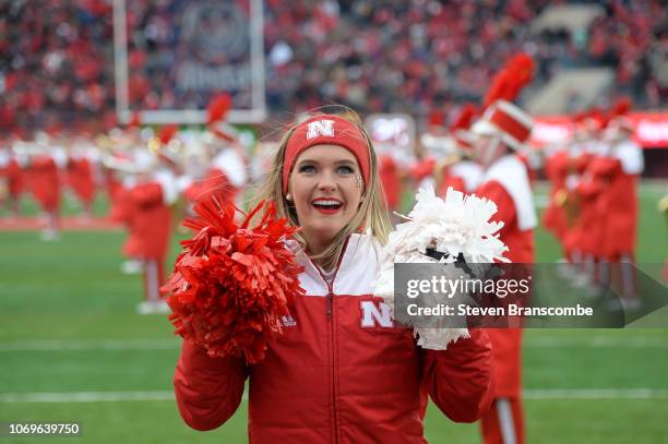 Cheerleader for the Nebraska Cornhuskers performs before the game against the Michigan State Spartans at Memorial Stadium on November 17, 2018 in...