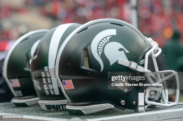 Helmets of the Michigan State Spartans during the game against the Nebraska Cornhuskers at Memorial Stadium on November 17, 2018 in Lincoln, Nebraska.