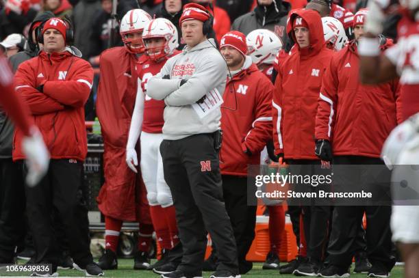Head coach Scott Frost of the Nebraska Cornhuskers watches action against the Michigan State Spartans at Memorial Stadium on November 17, 2018 in...