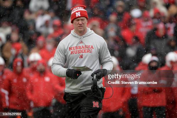 Head coach Scott Frost of the Nebraska Cornhuskers walks on the field during the game against the Michigan State Spartans at Memorial Stadium on...
