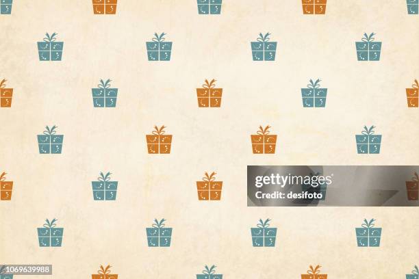 vector illustration of a semi seamless xmas grunge background (design only, not grunge) vintage colors, beige, with wrapped up gift boxes over pale grunge background - brown box stock illustrations