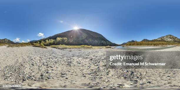 isar river bed near fall in the south of bavaria - 360 x 180 degree equirectangular panorama - vr 360 stock pictures, royalty-free photos & images