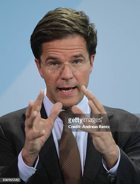 Dutch Prime Minister Mark Rutte attends a press conference at the Chancellery on November 19, 2010 in Berlin, Germany. Rutte met German Chancellor...