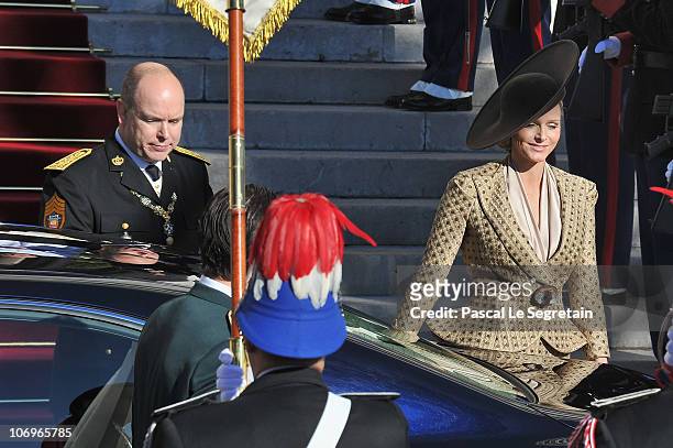 Prince Albert II of Monaco and Charlene Wittstock leave the Cathedral after they attended the annual traditional Thanksgiving Mass as part of Monaco...