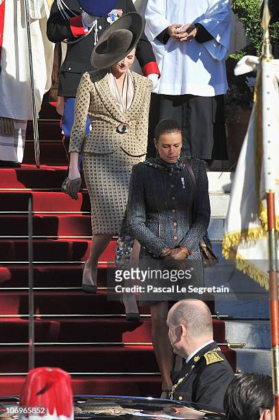 Prince Albert II of Monaco , Charlene Wittstock and princess Stephanie of Monaco leave the Cathedral after they attended the annual traditional...