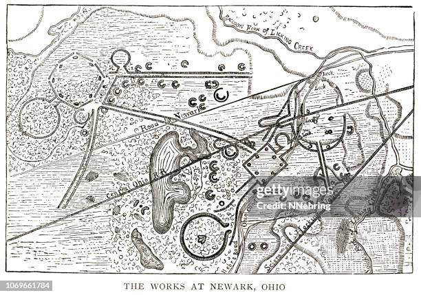 woodcut map illustration of newark earthworks, ohio - hopewell culture national historical park stock illustrations