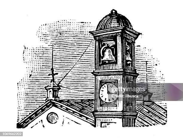 antique engraving illustration: belltower - clock tower stock illustrations