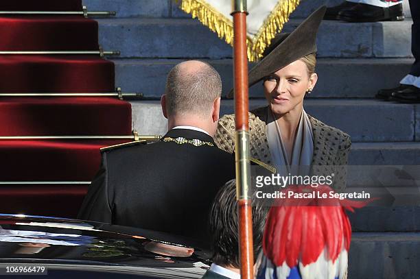 Prince Albert II of Monaco and Charlene Wittstock leave the Cathedral after they attended the annual traditional Thanksgiving Mass as part of Monaco...