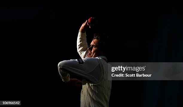 Marcus North of the Warriors bowls during day three of the Sheffield Shield match between the Victorian Bushrangers and the Western Australia...