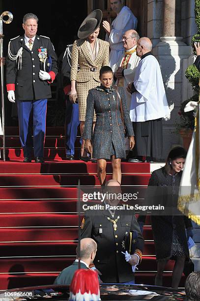 Prince Albert II of Monaco , Charlene Wittstock and princess Stephanie of Monaco leave the Cathedral after they attended the annual traditional...