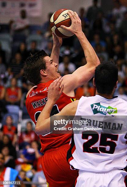 Lucas Walker of the Tigers looks to shoot under pressure from Jeremiah Trueman of the Wildcats during the round six NBL match between the Melbourne...