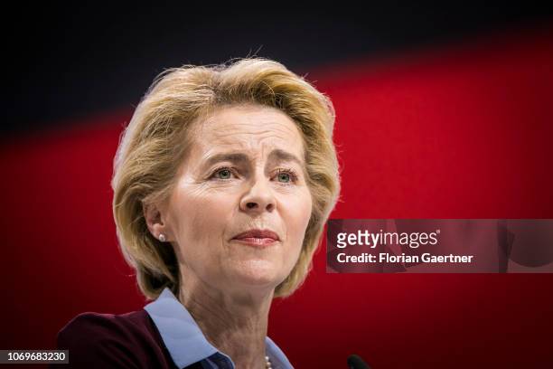 German Defense Minister Ursula von der Leyen speaks at the 31st National Party Conference of the CDU on December 08, 2018 in Hamburg, Germany. The...