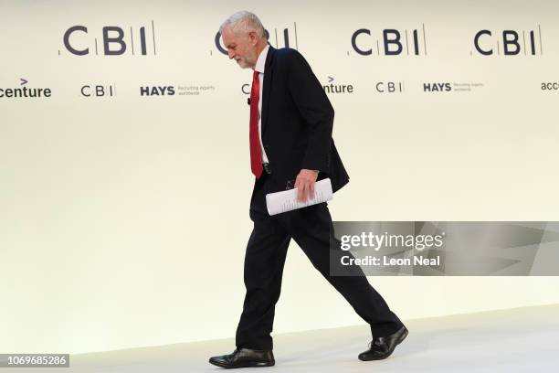 Labour Party Leader Jeremy Corbyn walks from the stage after speaking during the 2018 CBI Conference on November 19, 2018 in London, England. Corbyn...