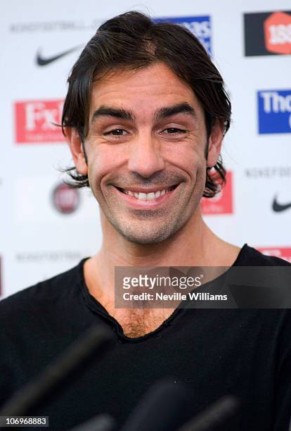 Robert Pires of Aston Villa speaks to the media during a press conference at Aston Villa's Bodymoor Heath training ground on November 19, 2010 in...