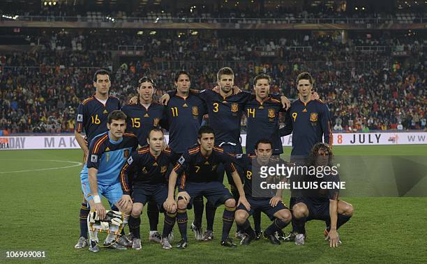 Spain's goalkeeper Iker Casillas, Spain's midfielder Andrés Iniesta, Spain's striker David Villa, Spain's midfielder Xavi and Spain's defender Carles...