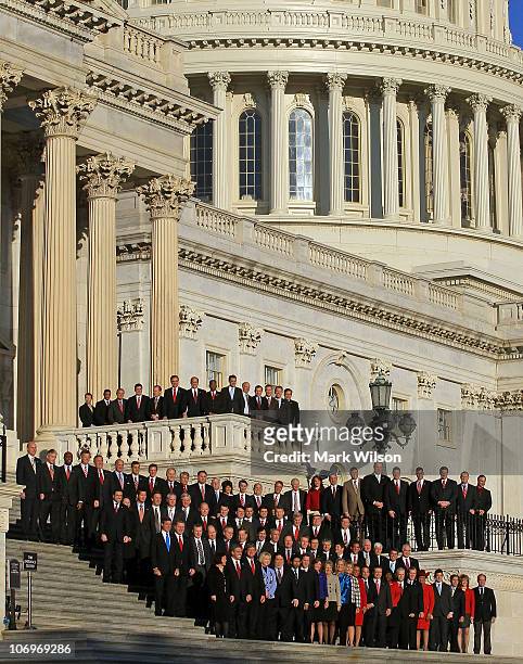 Newly elected freshman members of the upcoming 112th Congress pose for a class photo on the steps of the U.S. Capitol on November 19, 2010 in...