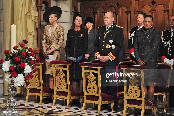 Charlene Wittstock, princess Caroline of Hanover, Prince Albert II of Monaco and princess Stephanie of Monaco attend the annual Thanksgiving Mass as...