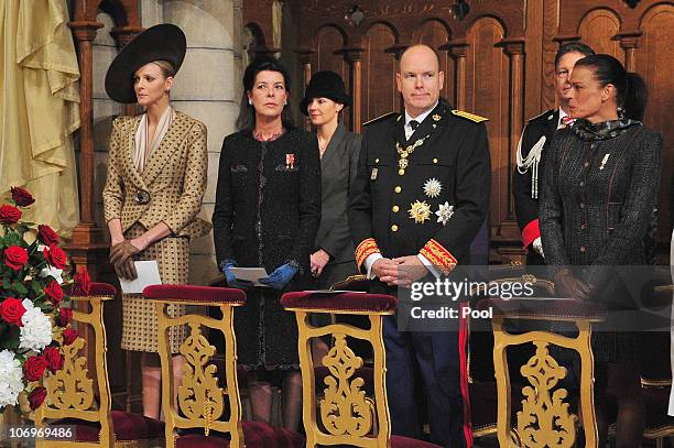 Charlene Wittstock, princess Caroline of Hanover, Prince Albert II of Monaco and princess Stephanie of Monaco attend the annual Thanksgiving Mass as...