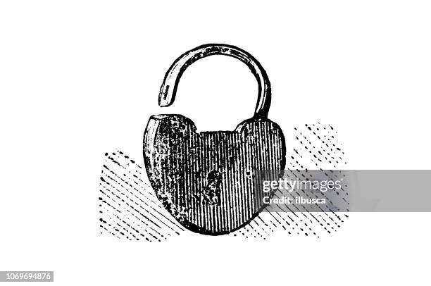 antique engraving illustration: padlock - engraved padlocks stock illustrations