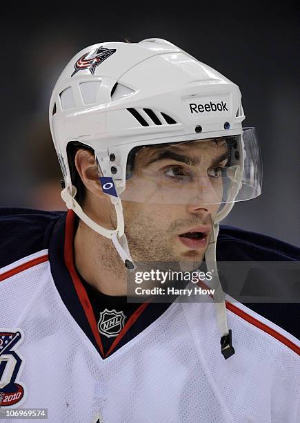 Portrait of Andrew Murray of the Columbus Blue Jackets during warm up before the game against the Los Angeles Kings at the Staples Center on November...