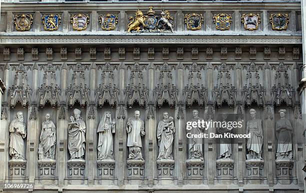 General view of stonework above the Great West Door at Westminster Abbey on November 19, 2010 in London, England. It is rumoured that Prince William...