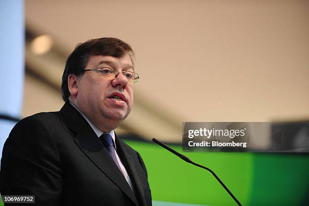 Brian Cowen, Ireland's prime minister, speaks during a news conference at Dublin airport's Terminal 2, in Dublin, Ireland, on Friday, Nov. 19, 2010....