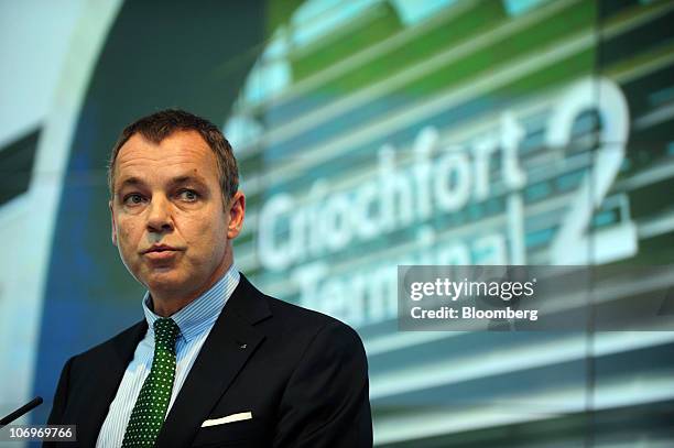 Christoph Mueller, chief executive officer of Aer Lingus Group Plc, speaks during a news conference at Dublin airport's Terminal 2, in Dublin,...