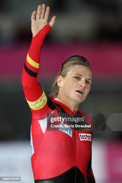 Jenny Wolf of Germany celebrates after winning the women's 500 m Division A race during the Essent ISU World Cup Speed Skating on November 19, 2010...